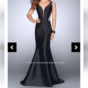 Size 00 black mikado deep V trumpet/mermaid gown with illusion sides by La Femme